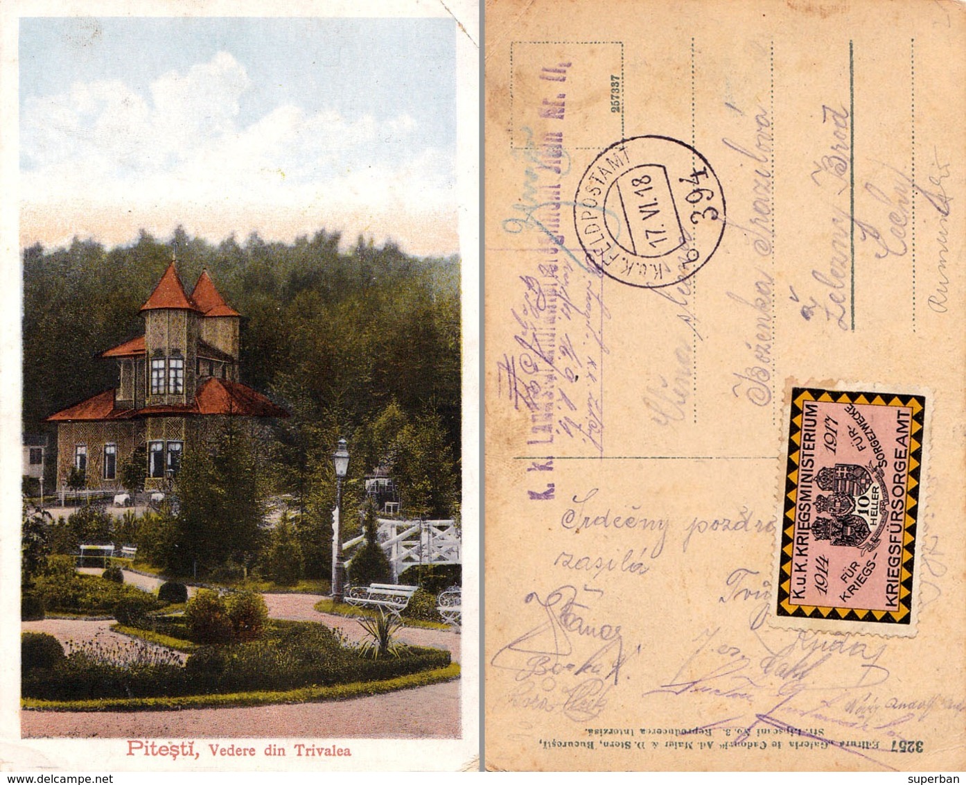 PITESTI / ARGES : PARCUL TRIVALEA - CARTE POSTALE VOYAGÉE En 1918 Par POSTE MILITAIRE : K.u.K. FELDPOSTSTAMT 394 (ad003) - Roumanie