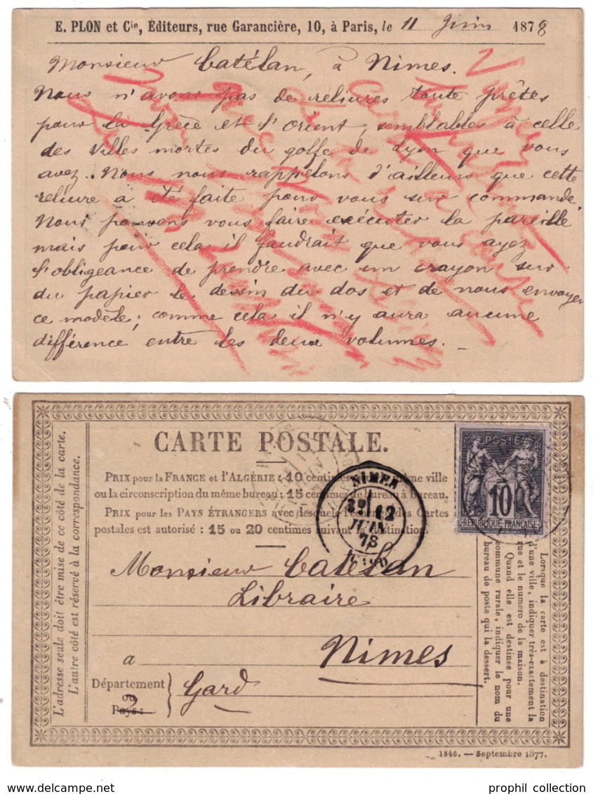 CARTE TYPE SAGE Avec REPIQUAGE E. PLON EDITEURS À PARIS ("SEPTEMBRE 1877" / PRECURSEUR ENTIER POSTAL) - Cartoline Postali E Su Commissione Privata TSC (ante 1995)