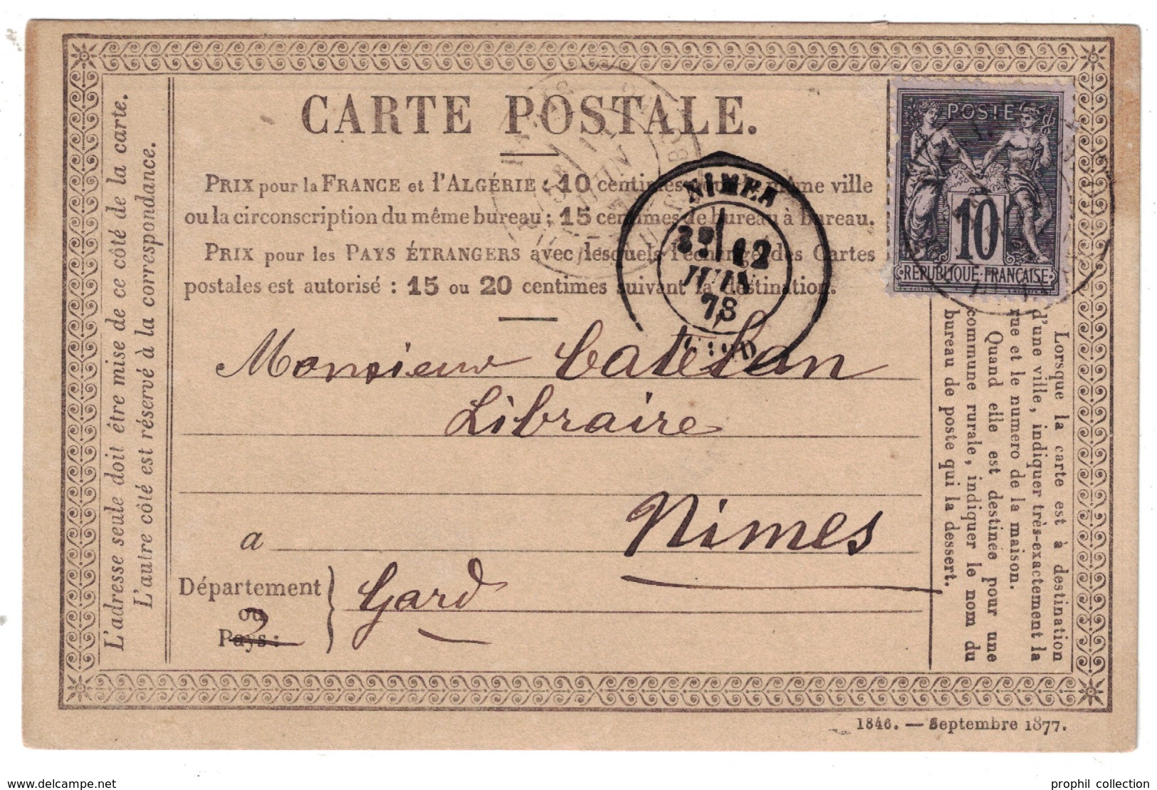 CARTE TYPE SAGE Avec REPIQUAGE E. PLON EDITEURS À PARIS ("SEPTEMBRE 1877" / PRECURSEUR ENTIER POSTAL) - Cartoline Postali E Su Commissione Privata TSC (ante 1995)