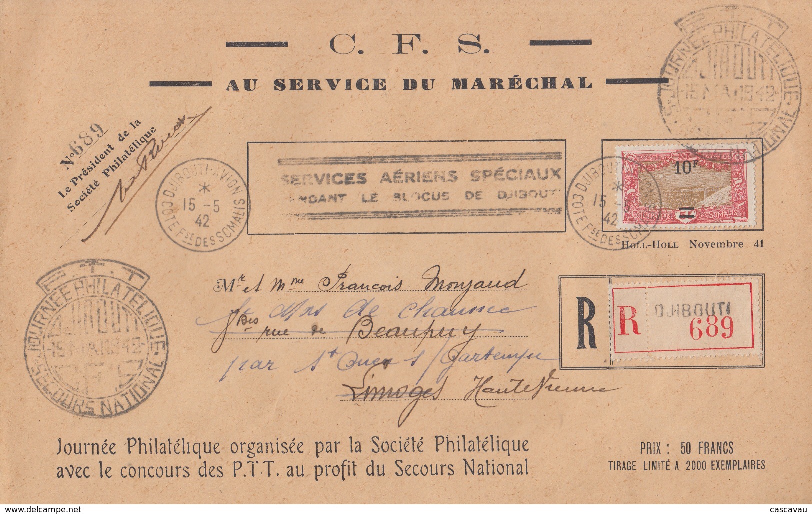 Enveloppe  COTE  FRANCAISE  Des   SOMALIS    Journée  Philatélique   Blocus  De  DJIBOUTI   1942 - Cartas & Documentos