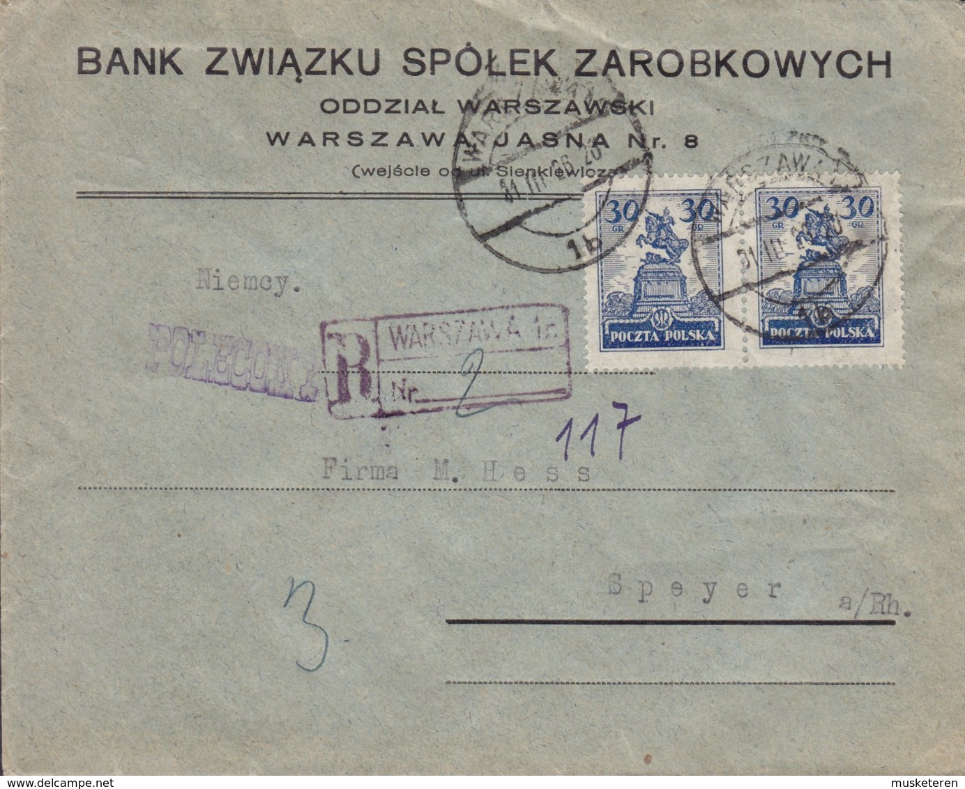 BANK ZWIAZKU SPOLEK ZAROBKOWWYCH Registered Einschreiben Nr. 2 WARSZAWA 1926 Cover Brief SPEYER (Arr.) Germany - Lettres & Documents