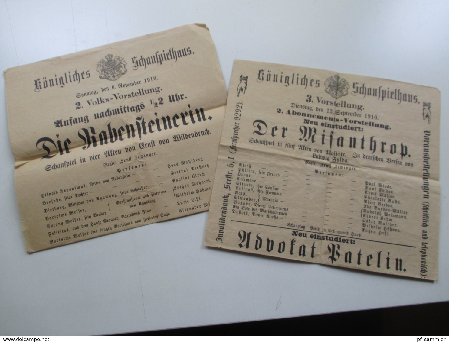 Königliches Schauspielhaus Seestr. 5 Aus Dem Jahre 1910 Programme / Werbeplakate Die Rabensteinerin / Der Misanthrop - Programmes