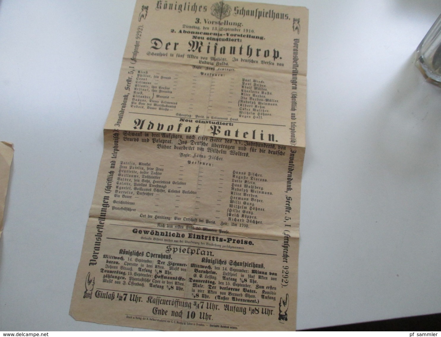 Königliches Schauspielhaus Seestr. 5 Aus Dem Jahre 1910 Programme / Werbeplakate Die Rabensteinerin / Der Misanthrop - Programmi