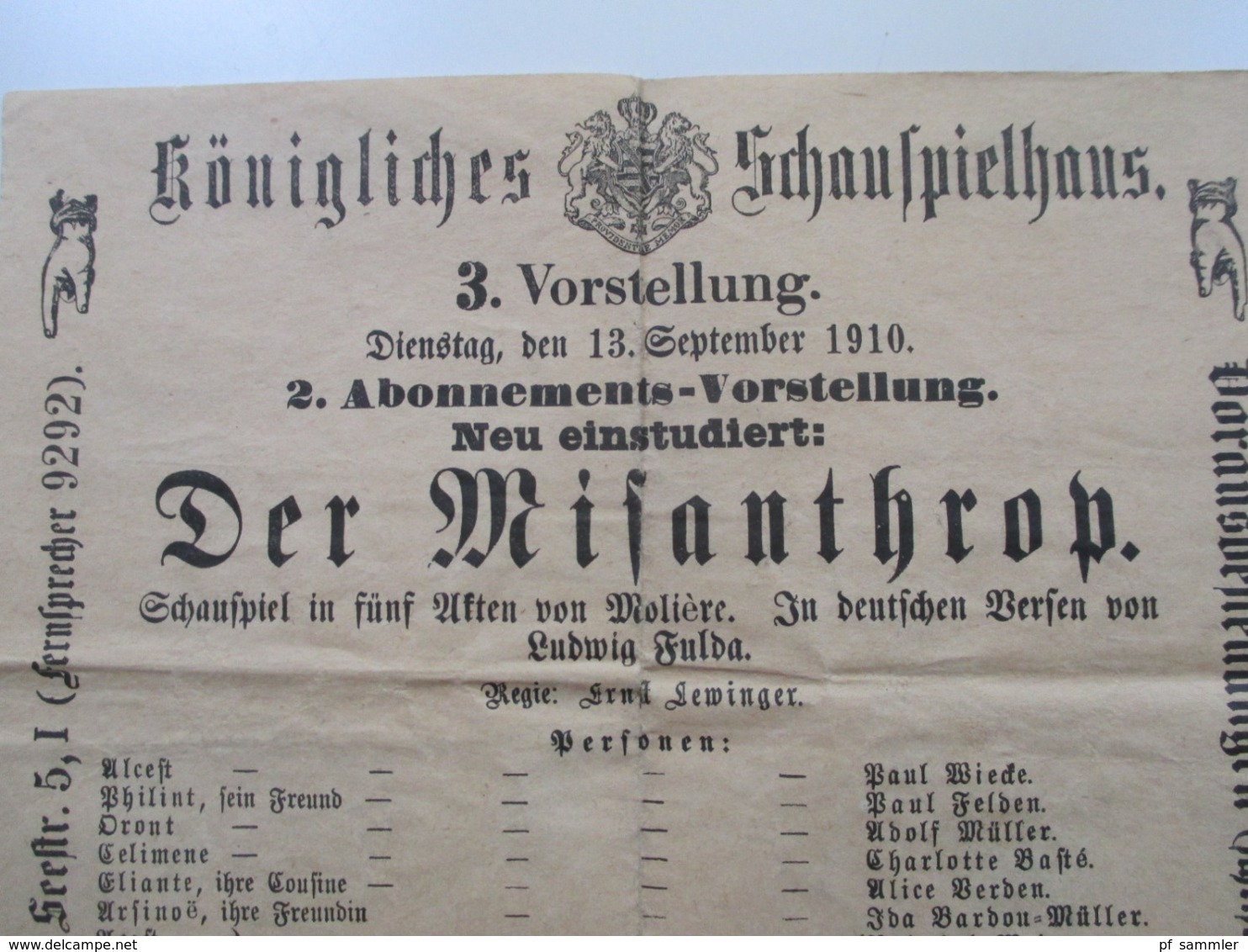 Königliches Schauspielhaus Seestr. 5 Aus Dem Jahre 1910 Programme / Werbeplakate Die Rabensteinerin / Der Misanthrop - Programs