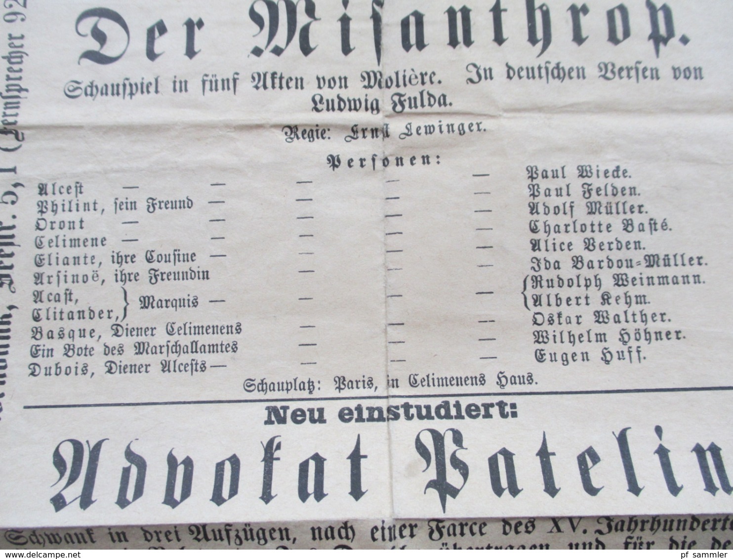 Königliches Schauspielhaus Seestr. 5 Aus Dem Jahre 1910 Programme / Werbeplakate Die Rabensteinerin / Der Misanthrop - Programme