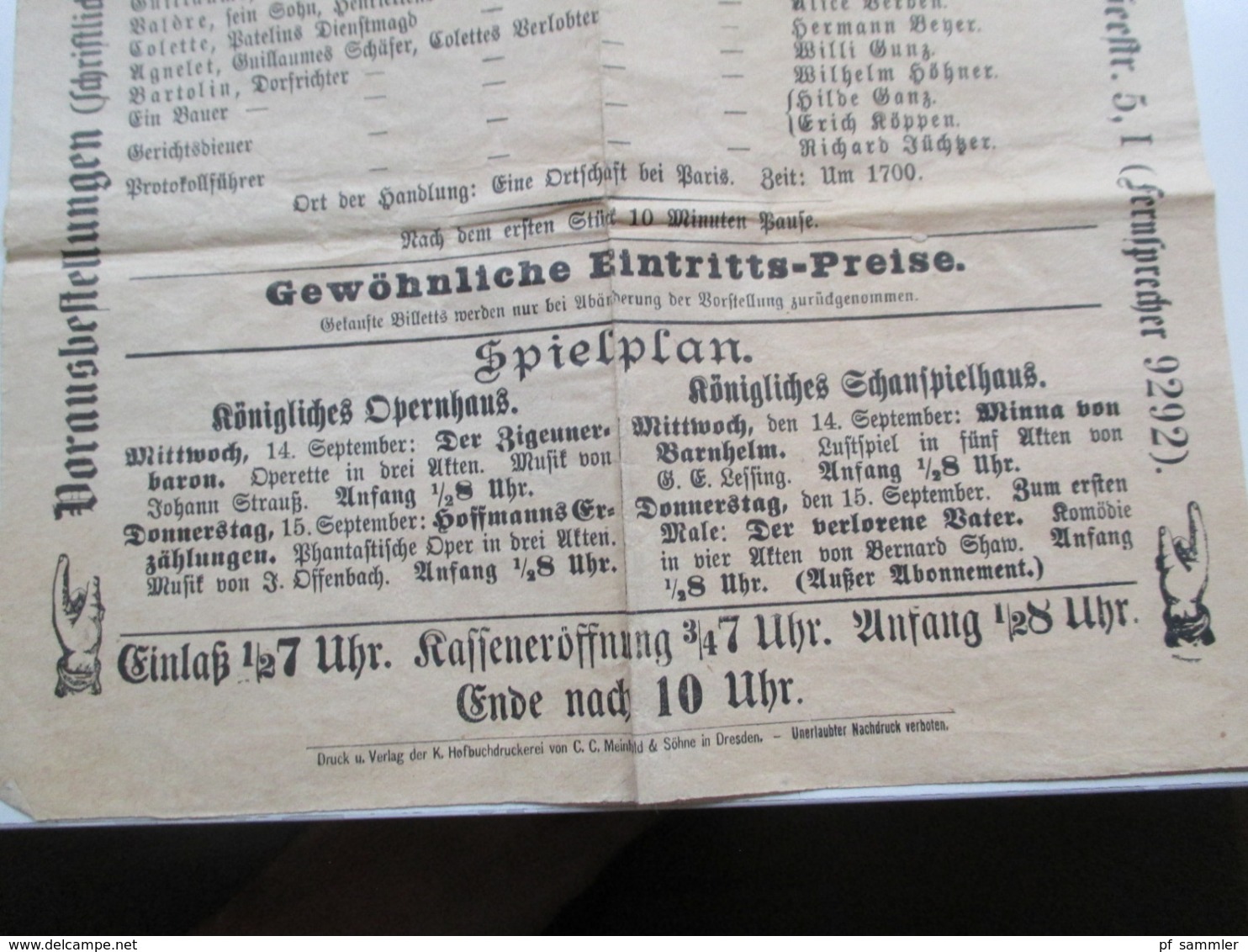 Königliches Schauspielhaus Seestr. 5 aus dem Jahre 1910 Programme / Werbeplakate Die Rabensteinerin / Der Misanthrop