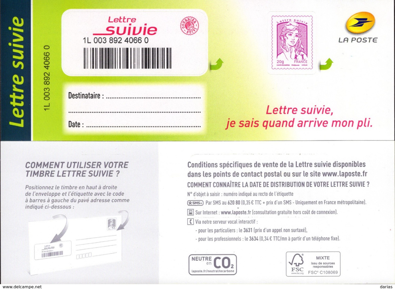 LA LETTRE SUIVIE Type Ciappa 2ème Tirage 2015 (LS 2). Fond De L'adresse En Blanc. - Other & Unclassified