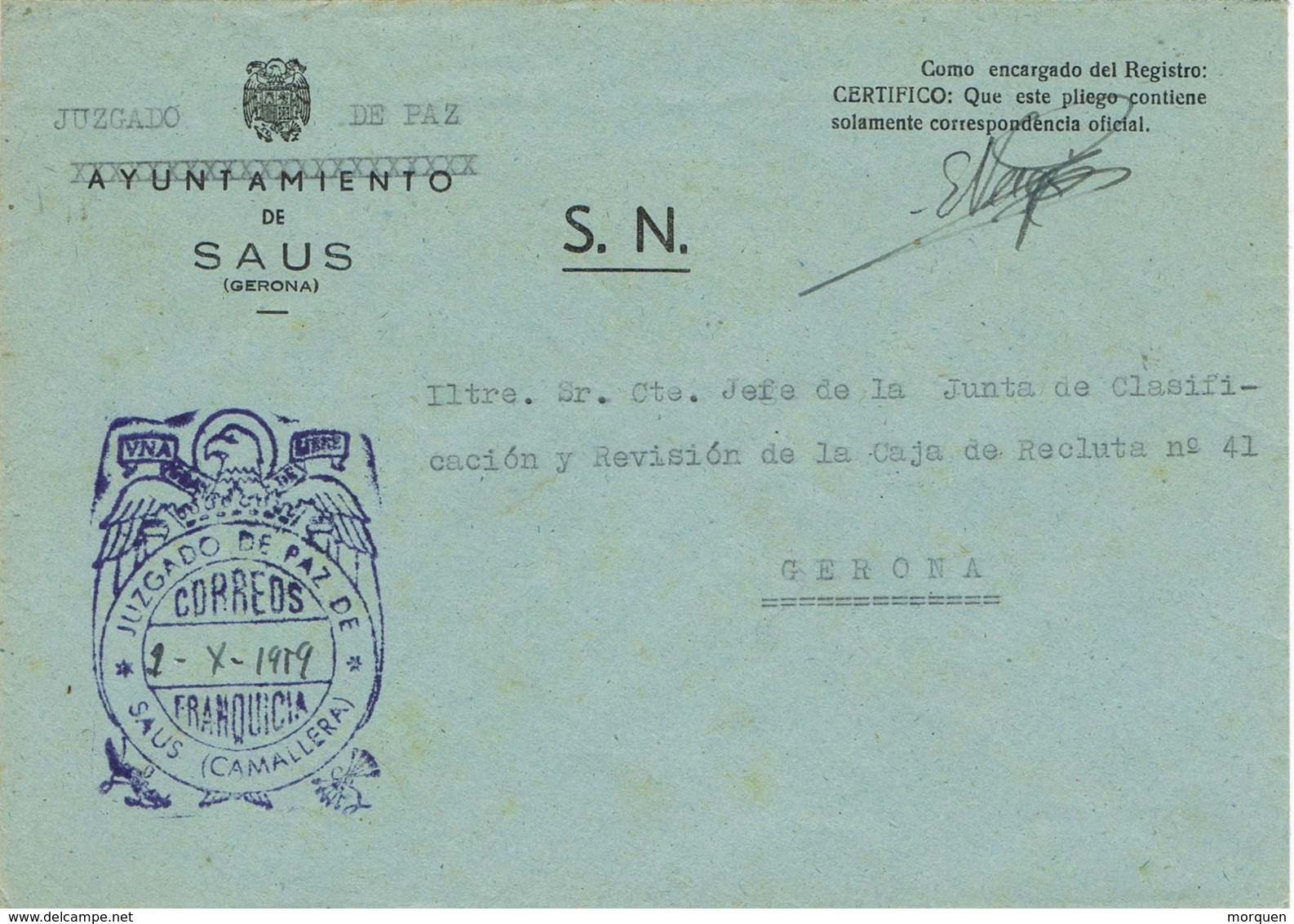 34043. Carta S.N. Franquicia Juzgado Municipal SAUS - Camallera (Gerona) 1959 - Cartas & Documentos