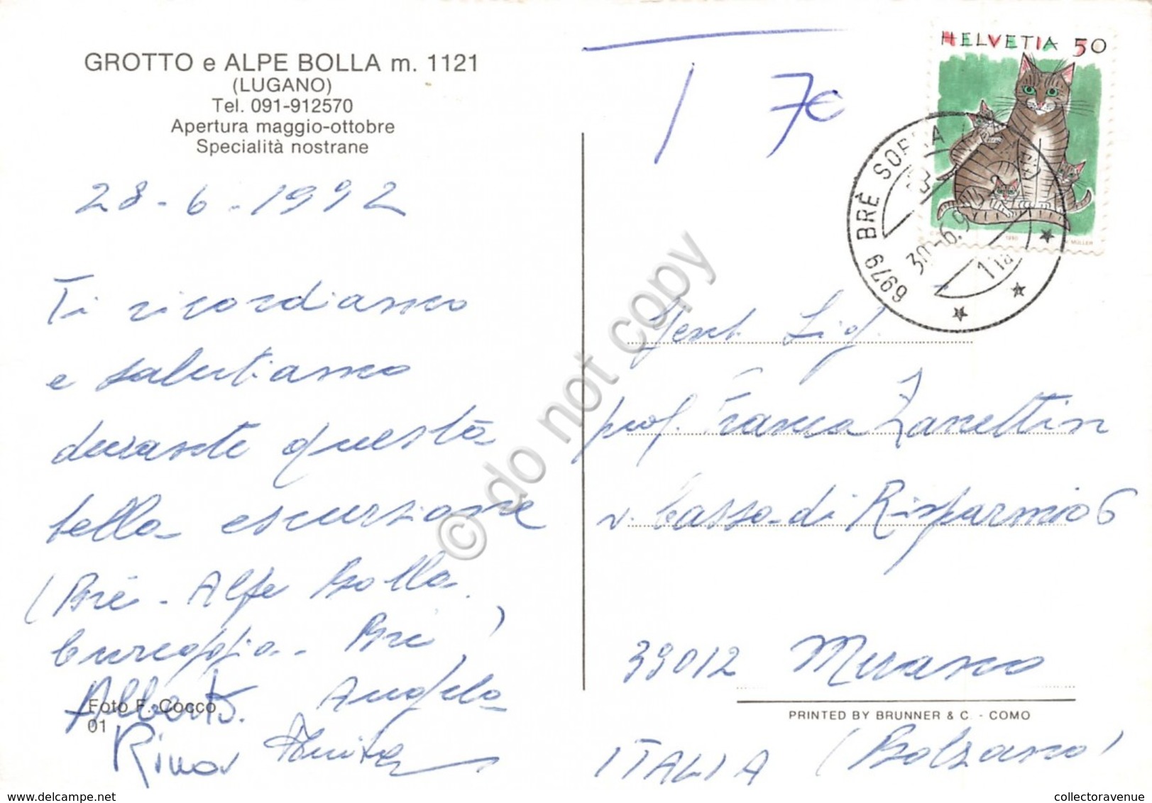 Cartolina Grotto E Alpe Bolla Lugano 1992 - Non Classificati