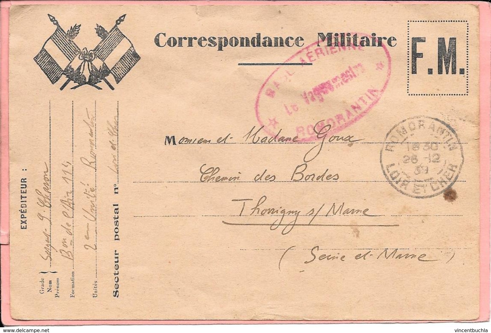 Correspondance Militaire 1939 Modèle Peu Commun Cachet Base Aérienne Romorantin Vagemestre - Timbres De Franchise Militaire