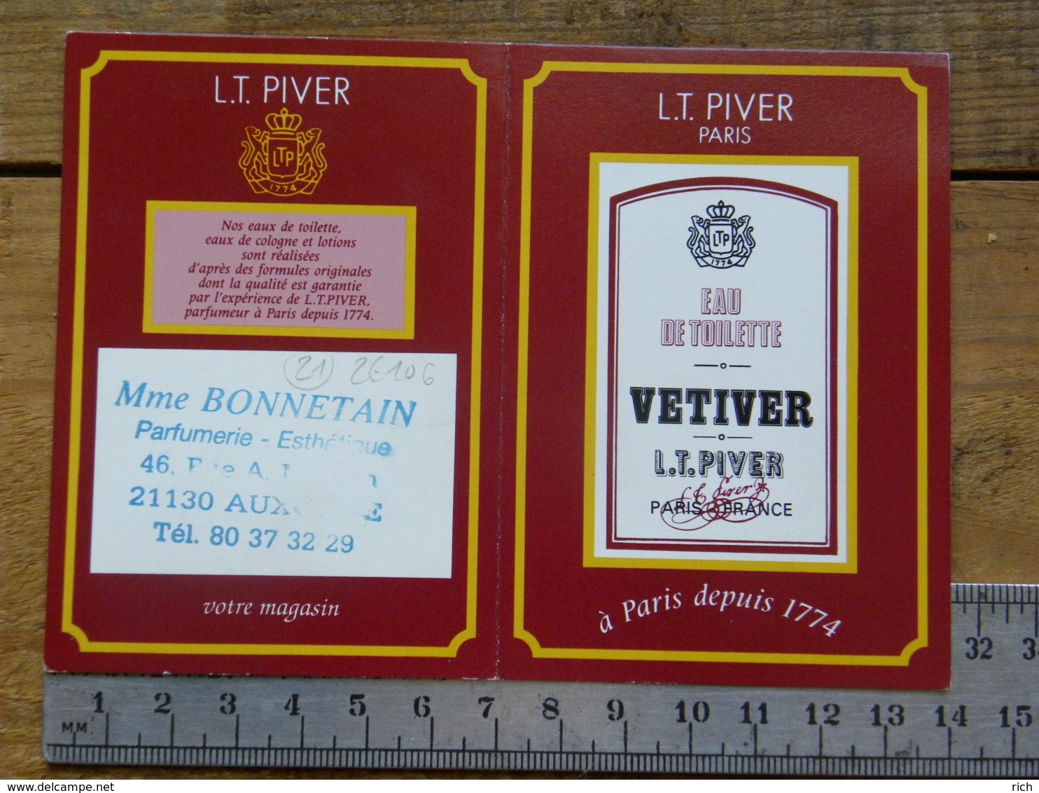 Carte Parfumée - L.T. PIVER - Eau De Toilette VETIVER - Pub Parfumerie Bonnetain  21 Auxonne - Non Classés