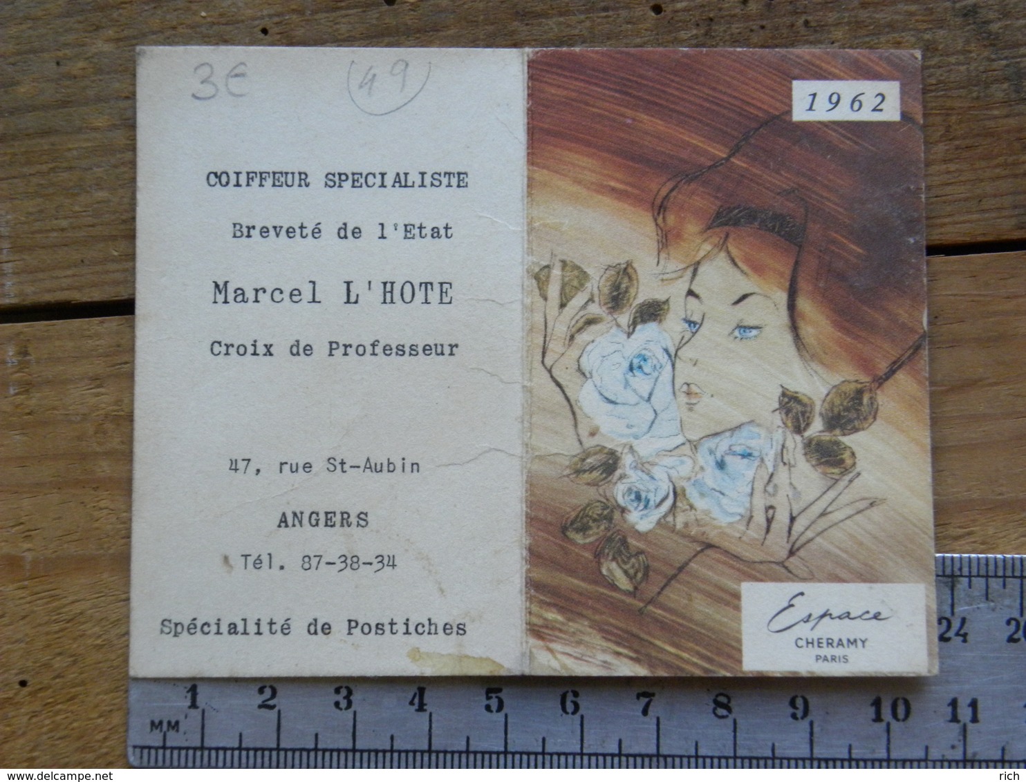 Carte Parfumée - CHERAMY Espace  - Pub Coiffeur Marcel L'Hote, 47 Rue St Aubin 49 Angers, Calendrier 1962 - Non Classés