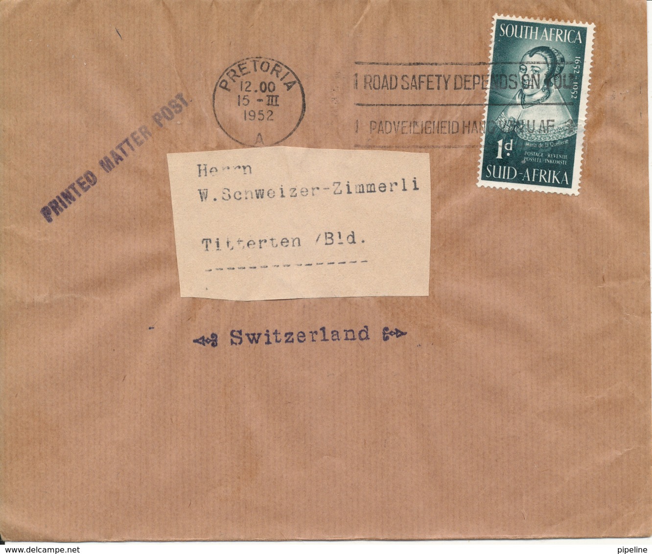 South Africa Wrapper Sent To Switzerland Pretoria 15-3-1952 Single Franked - Other & Unclassified