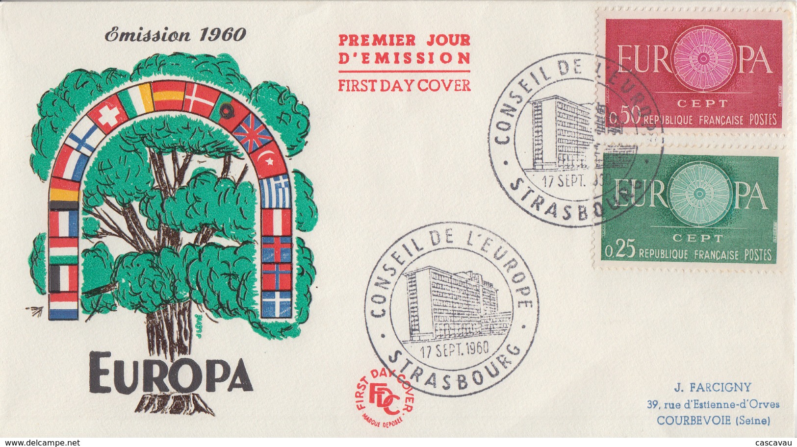 Enveloppe   FDC  1er   Jour    FRANCE   Paire   EUROPA     STRASBOURG    1960 - 1960