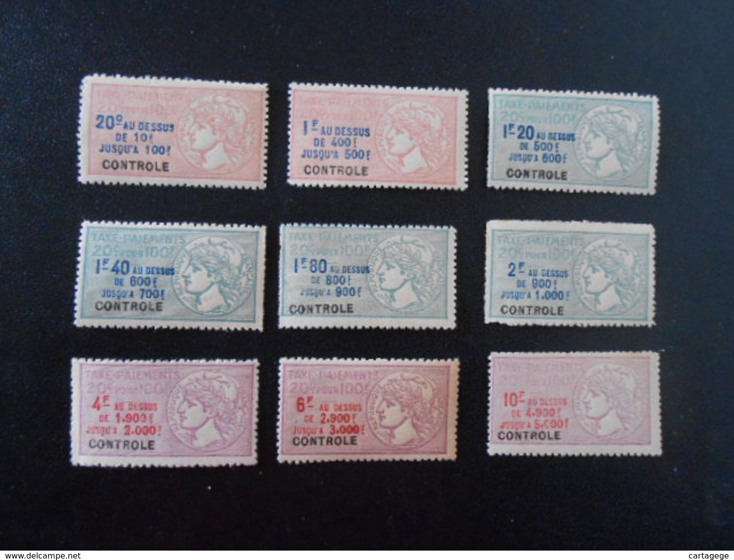 FRANCE  LOT DE 9 TIMBRES FISCAUX TAXE SUR LES PAIEMENTS** - Autres & Non Classés