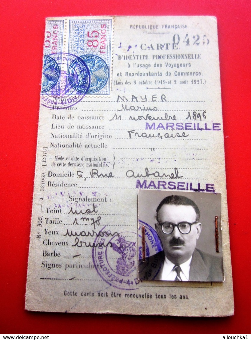 1954 CARTE IDENTITÉ PROFESSIONNELLE à L'USAGE DES VOYAGEURS REPRÉSENTANTS DE COMMERCE TIMBRE FISCAL 85fx2 PRÉFECTURE BDR - Documenti Storici