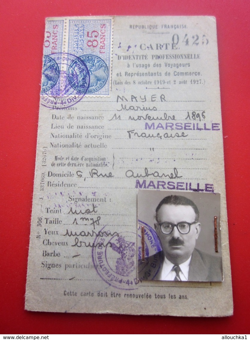 1954 CARTE IDENTITÉ PROFESSIONNELLE à L'USAGE DES VOYAGEURS REPRÉSENTANTS DE COMMERCE TIMBRE FISCAL 85fx2 PRÉFECTURE BDR - Documenti Storici