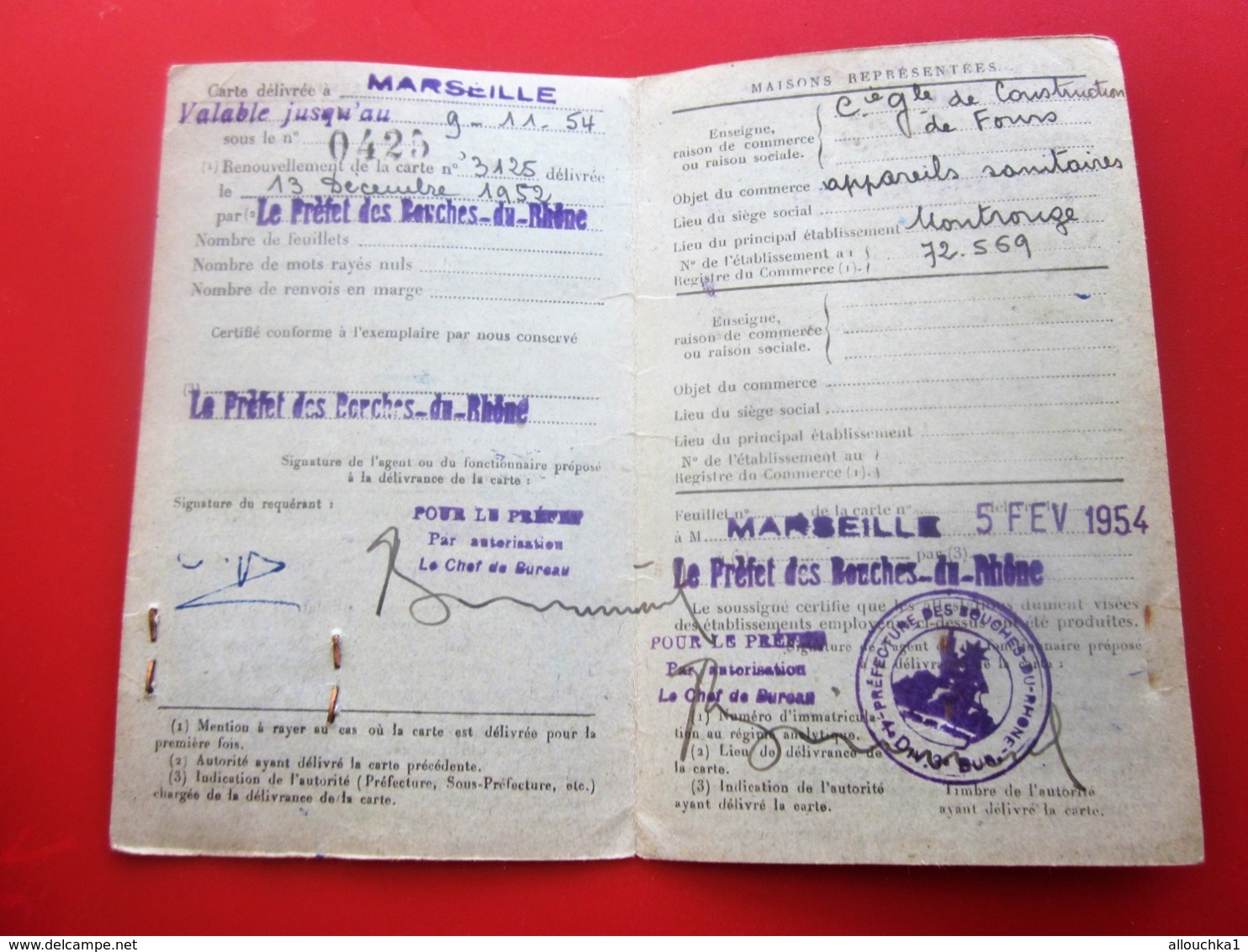 1954 CARTE IDENTITÉ PROFESSIONNELLE à L'USAGE DES VOYAGEURS REPRÉSENTANTS DE COMMERCE TIMBRE FISCAL 85fx2 PRÉFECTURE BDR - Documenti Storici