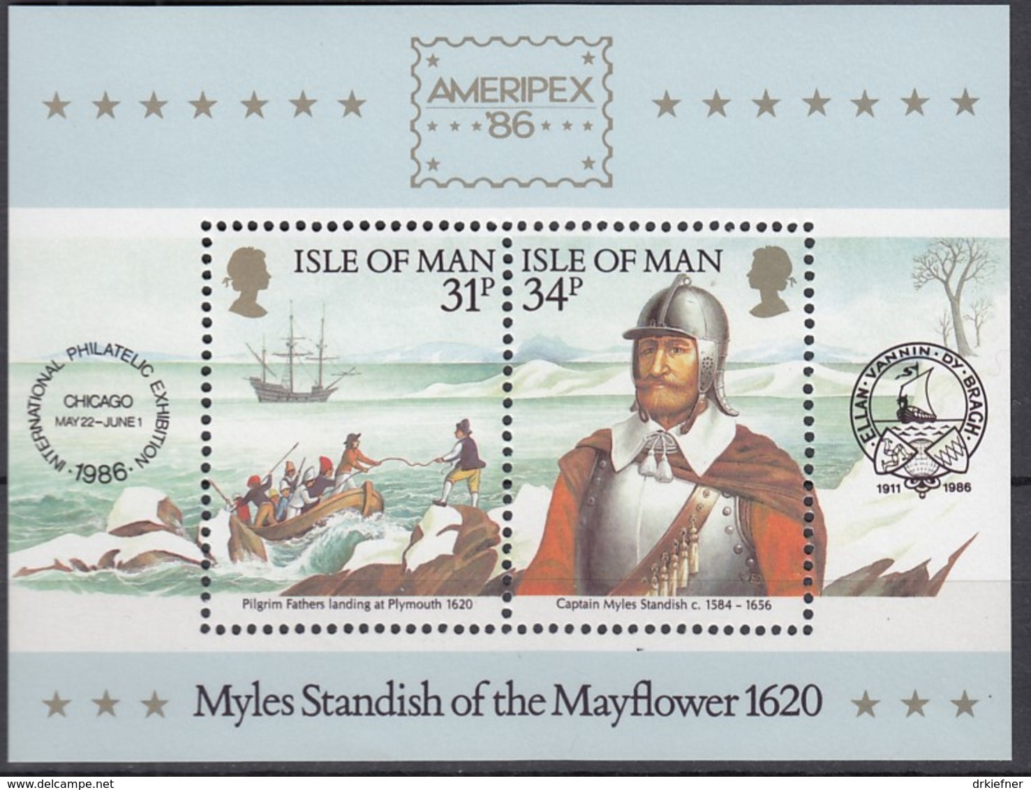 ISLE OF MAN  Block 8, Postfrisch **, Historische Verbindung Mit Amerika, 1986 - Man (Insel)