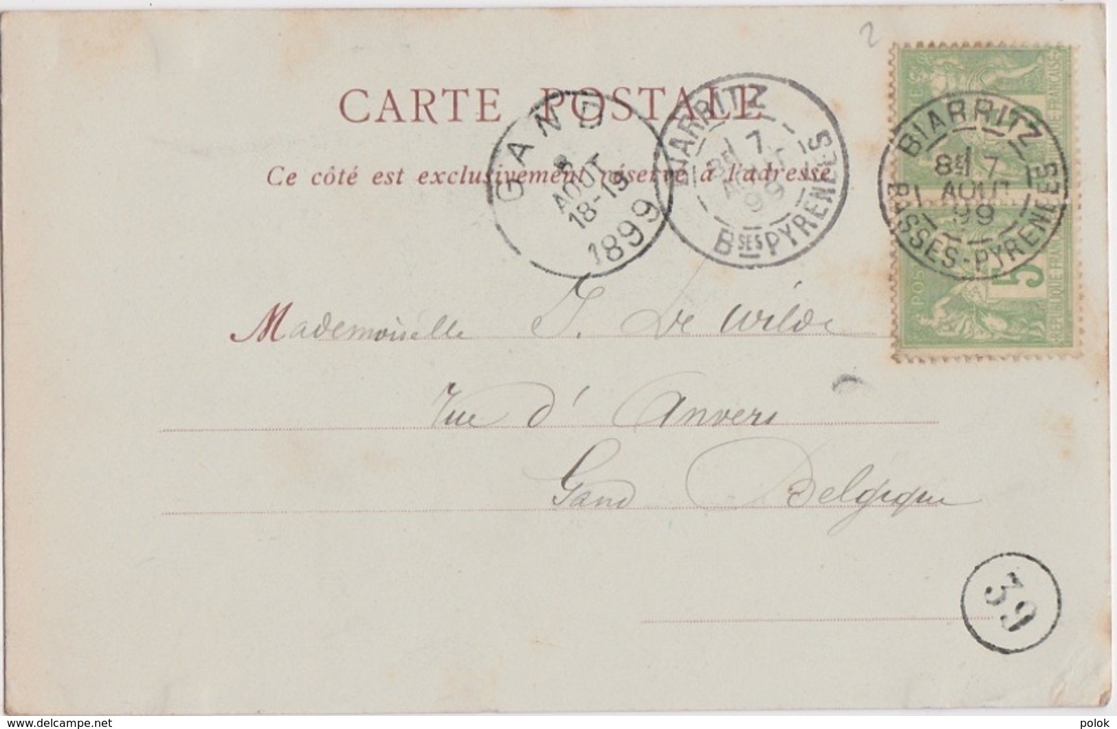 Bv - Cpa BIARRITZ - La Côte Des Basques (écrite En 1899, Cachets Biarritz Et Gand) - Biarritz