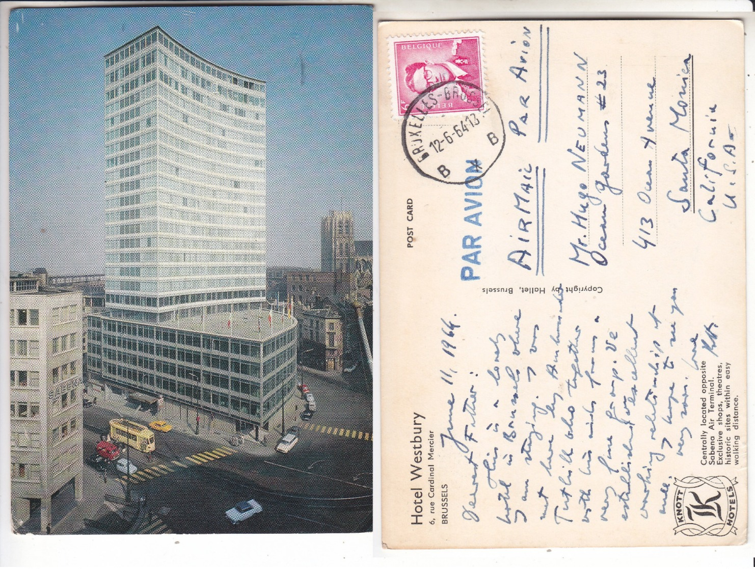 SP- BELGIQUE - BRUSSELS - BRUXELLES - HOTEL WESTBURY- Tram Jaune - Timbre - Cachet - 1964 - Cafés, Hotels, Restaurants