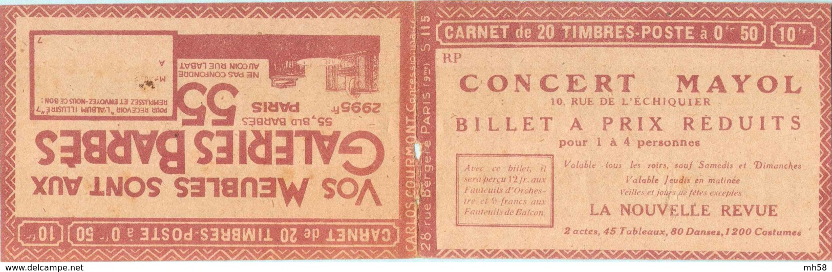 FRANCE - Carnet Série 115 RP Couverture Vide Concert Mayol - 50c Semeuse Lignée Rouge I - YT 199 C… - Autres & Non Classés