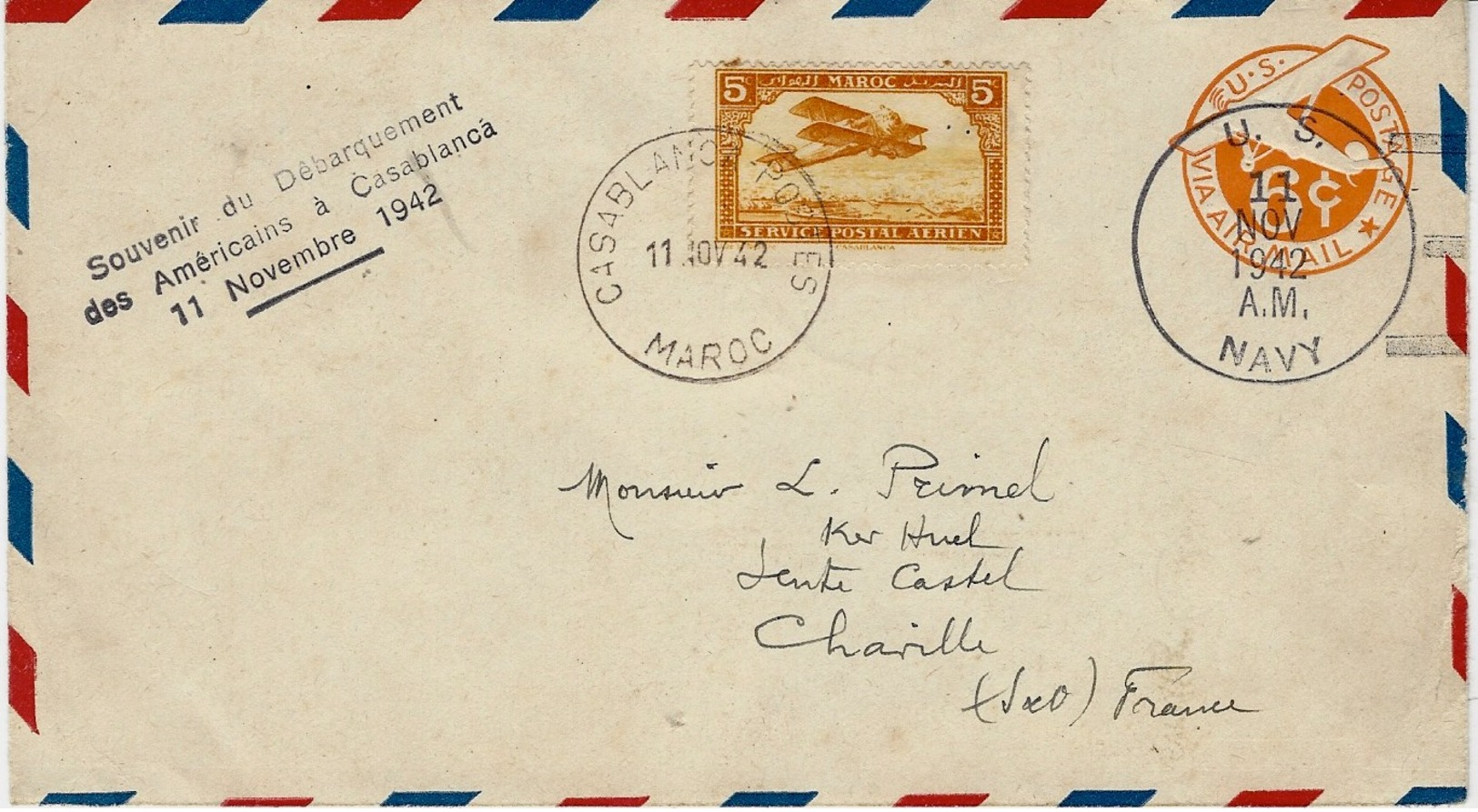 MAROC -débarquement En Afrique Du Nord-11 Novembre 1942- Enveloppe Souvenir Du Débarquement Américain à Casablanca - Guerra Del 1939-45