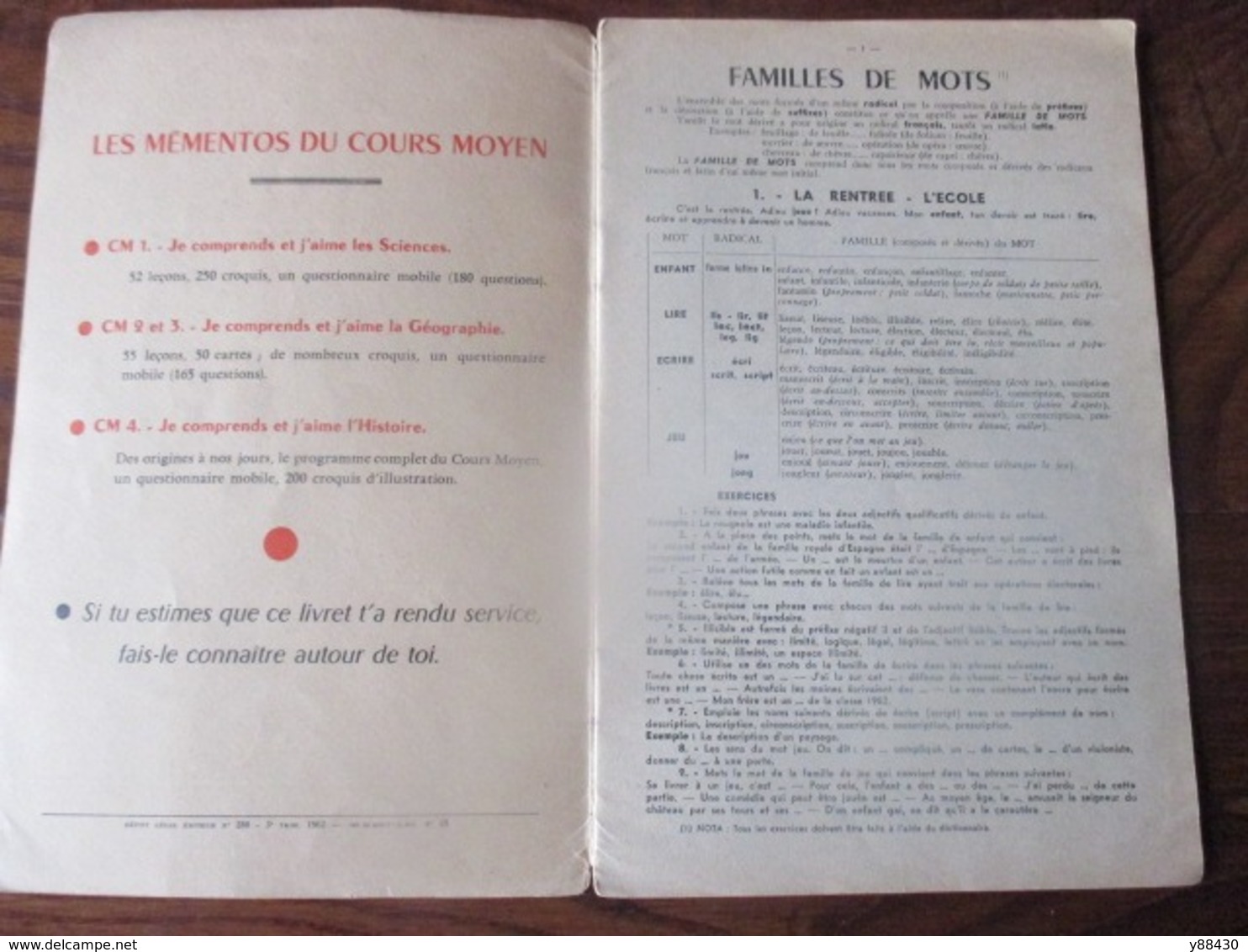 Livret : 100 FAMILLES DE MOTS FRANCAIS  De 1962  - Collection "L'Essentiel"  - 26 Pages -12 Photos - Matériel Et Accessoires