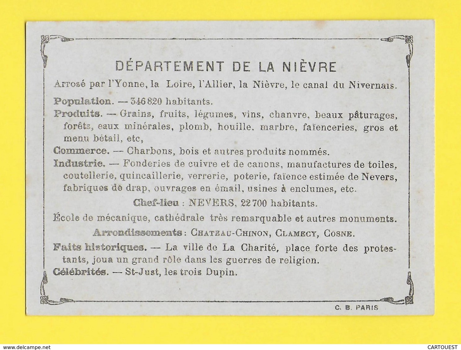 ♦♦☺ Chromo - Département De La NIEVRE - NEVERS - CLAMECY - COSNE ֎ Ecusson - Carte Géographique - Autres & Non Classés