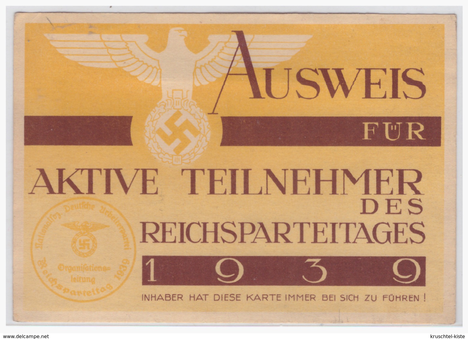 Dt.- Reich (000621) Propaganda Ausweis Für Aktive Teilnehmer Des Reichsparteitages 1939!! Ausgestellt Für Hitlerjungen - Briefe U. Dokumente