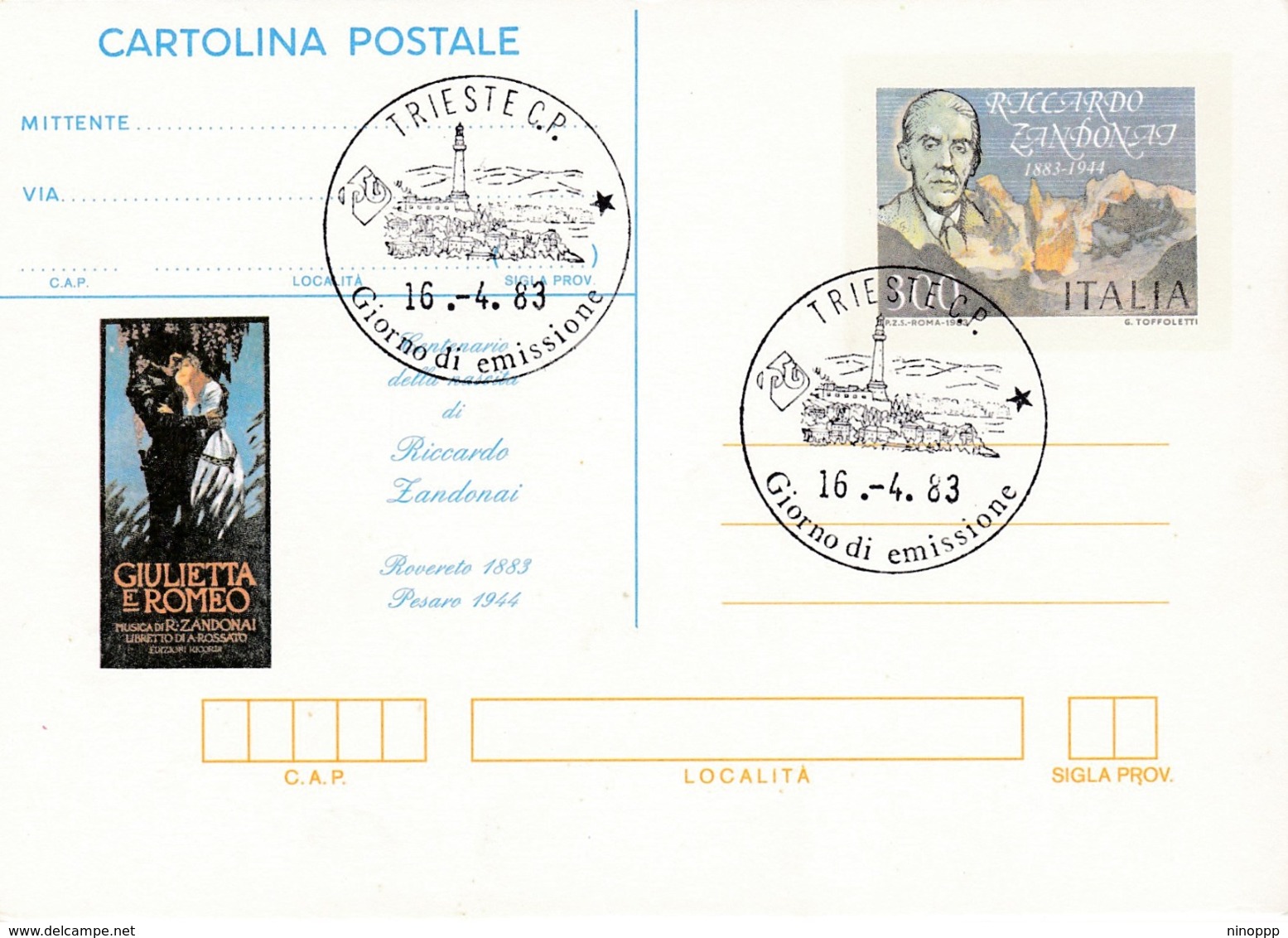 Italy CP53 Riccardo Zandonai Cartolina Postale,FDC - Stamped Stationery