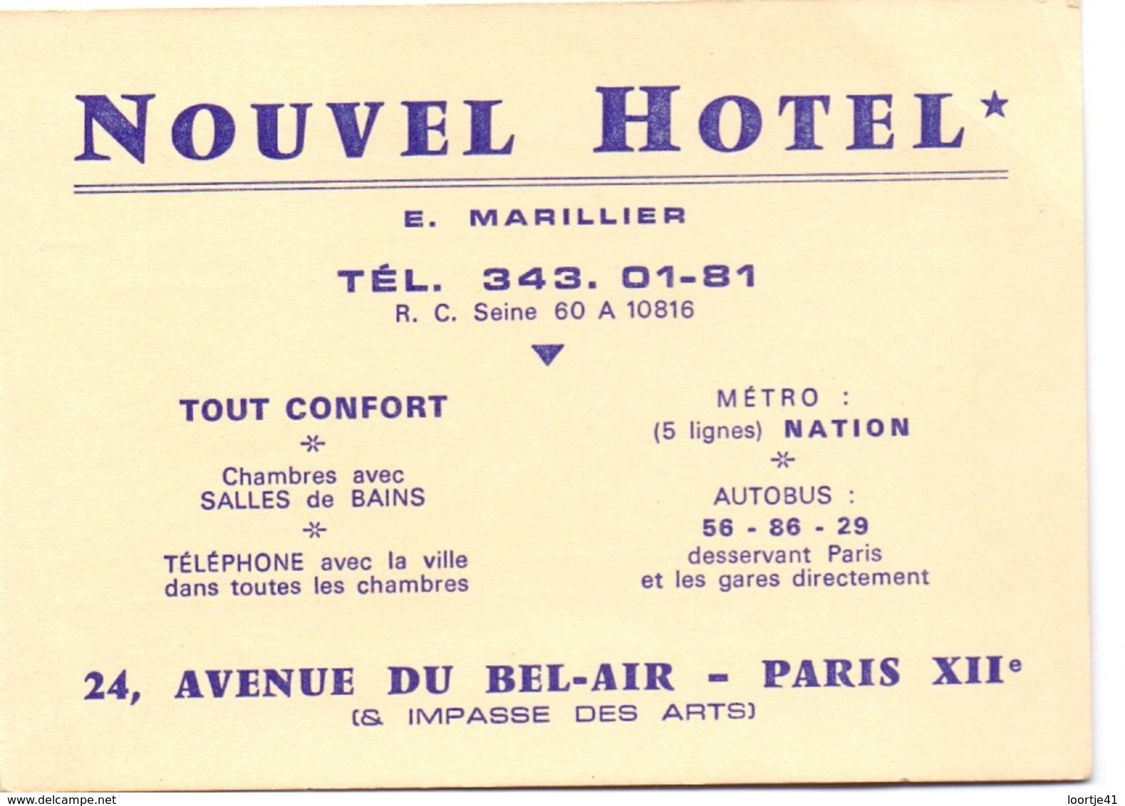 Visitekaartje - Carte Visite - Pub Reclame - Nouvel Hotel - E. Marillier - Paris XII - Visiting Cards