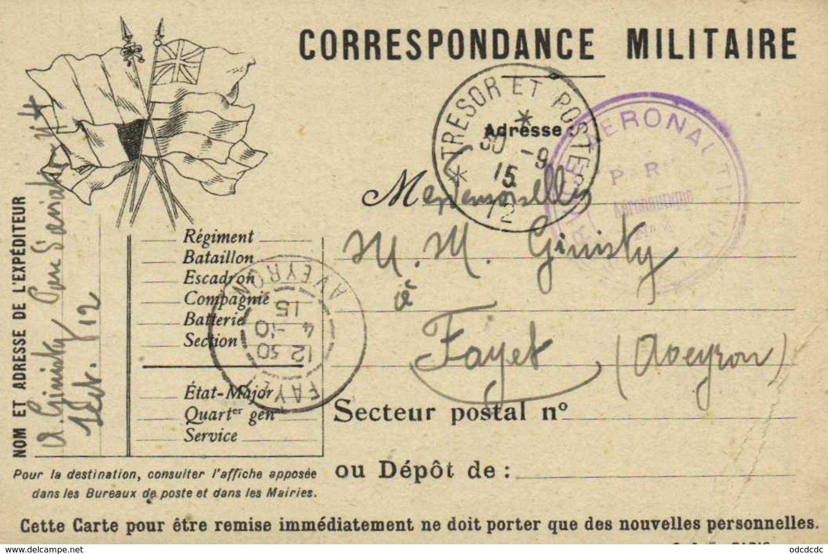 Corrspondance Militaire Parc D'Aviation N°4  Sect 12 Tresor Et Postes 12  Cachet Service AéronautiqueVers Fayet Aveyron - Altri & Non Classificati