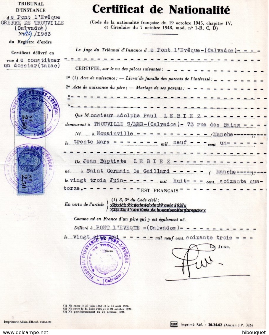 Certificat De Nationalité, Greffe De Trouville (14) Deux Timbres Fiscaux De NF 2.50 Francs Bleu - Sonstige & Ohne Zuordnung