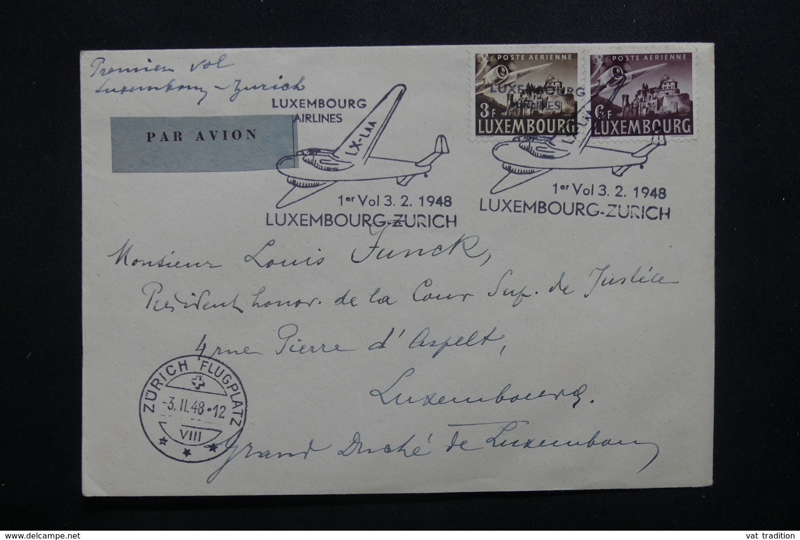 LUXEMBOURG - Enveloppe 1er Vol Luxembourg / Zurich En 1948, Oblitération Et Affranchissement Plaisants  - L 42493 - Storia Postale