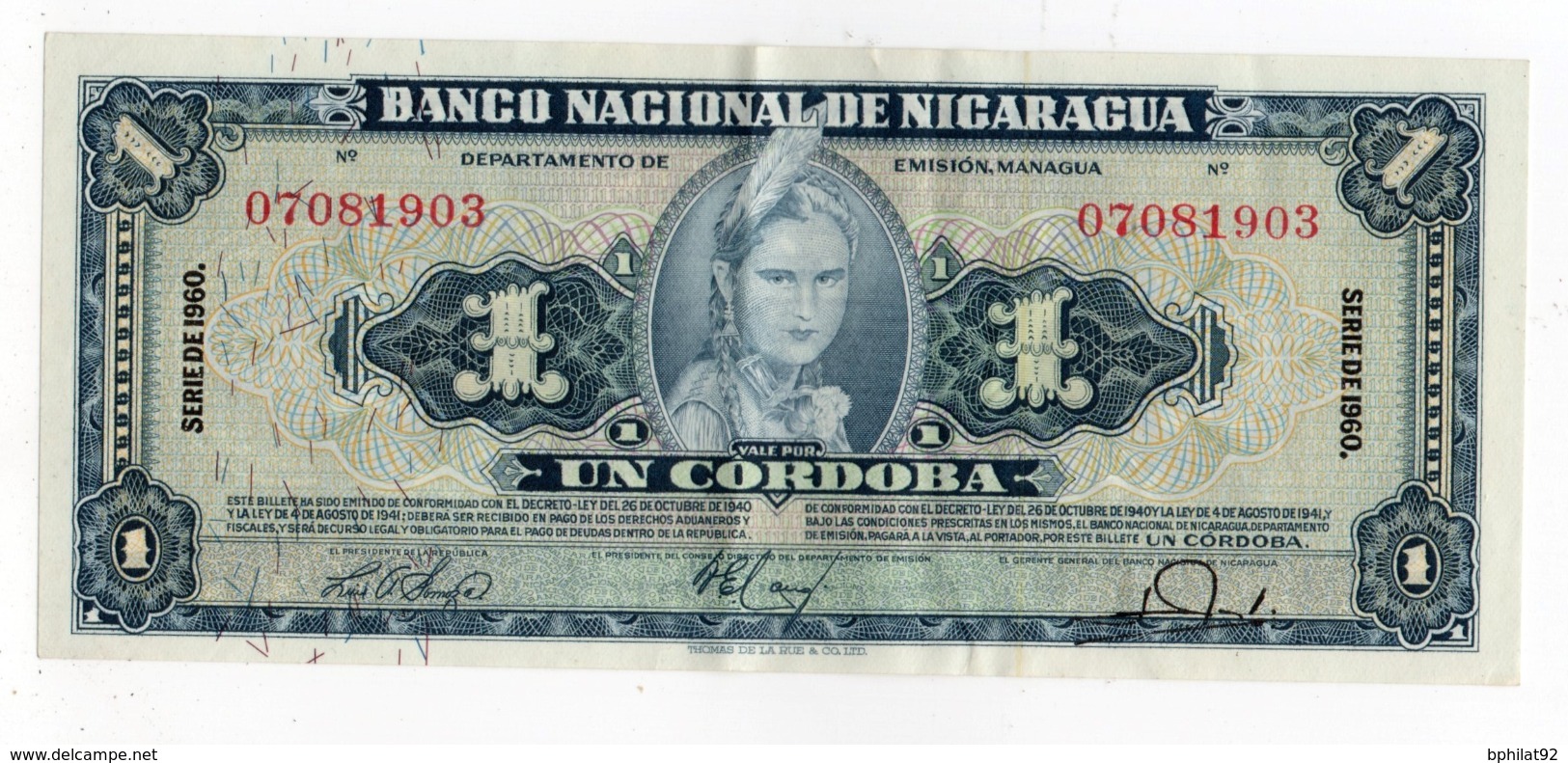 !!! PRIX FIXE : NICARAGUA, 1 CORDOBA SERIE DE 1960 NEUF, LEGERE PLIURE CENTRALE - Nicaragua