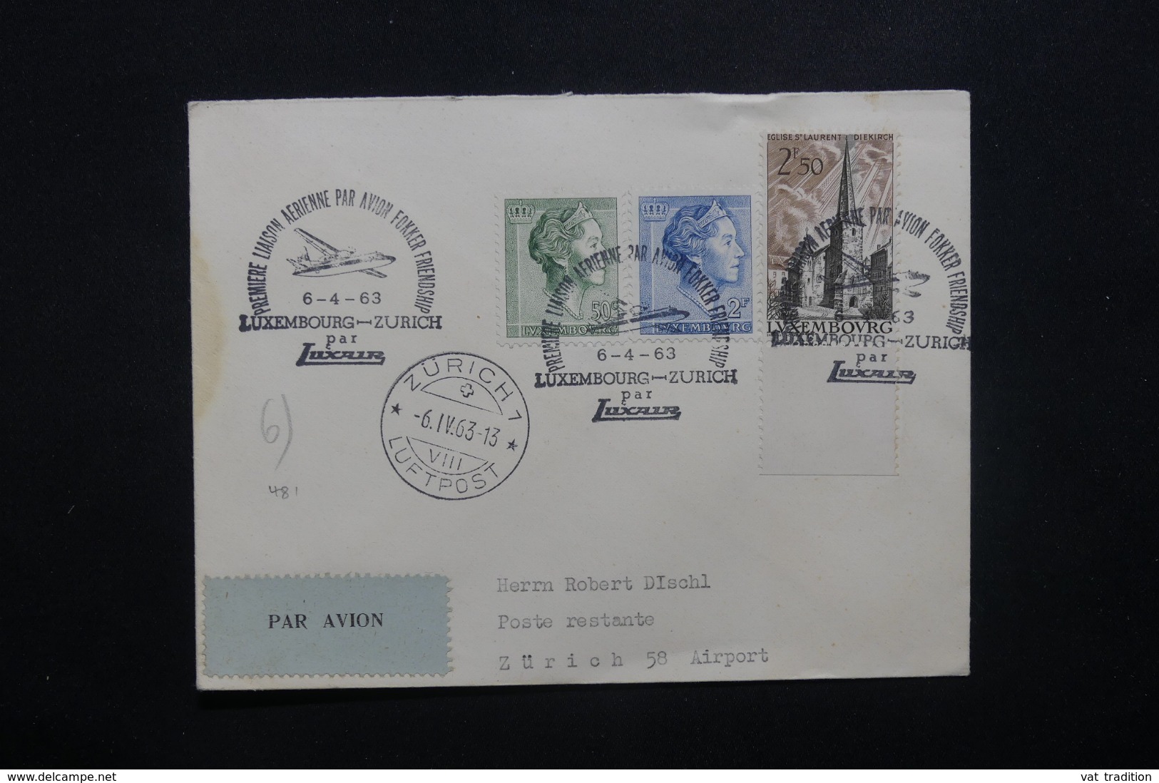 LUXEMBOURG - Enveloppe 1er Vol Luxembourg / Zurich En 1963, Affranchissement Et Cachet Plaisants - L 42511 - Lettres & Documents