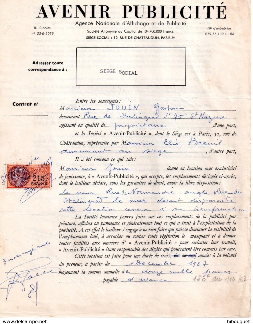 Contrat Avenir Publicité Pour Panneau à Saint Nazaire, Timbre Fiscal De 215 Francs, 1957 - Autres & Non Classés