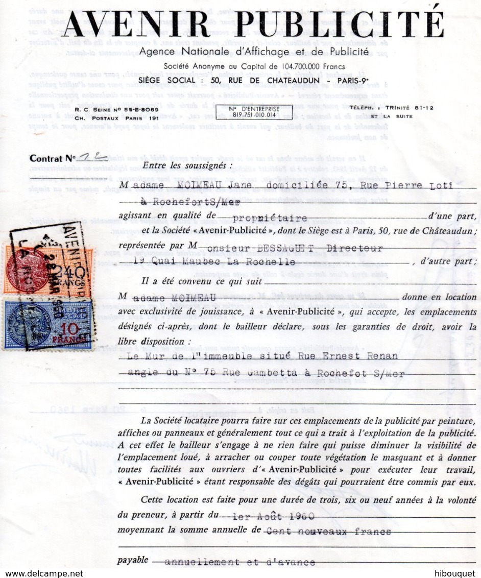 Contrat Avenir Publicité Pour Panneau à Rochefort Sur Mer, 2 Timbres Fiscaux De 240 Francs Orange Et 10 Francs Bleu 1960 - Andere & Zonder Classificatie