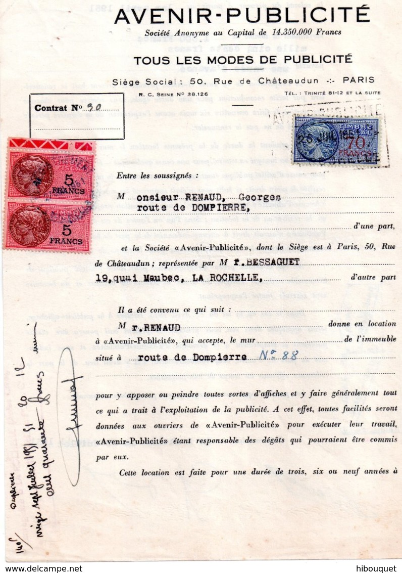 Contrat Avenir Publicité Pour Panneau à La Rochelle, 2 Timbres Fiscaux De 5 Francs Rose Et 70 Francs Bleu 1951 - Autres & Non Classés