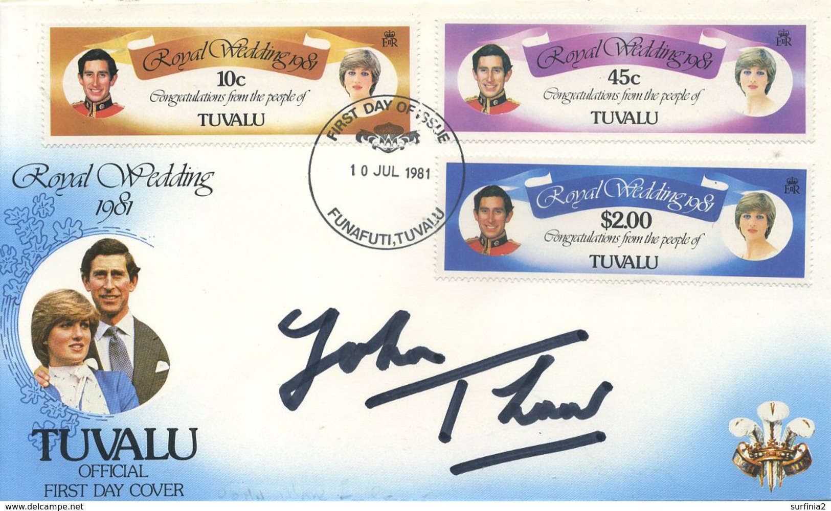 TUVALU - 1981 ROYAL WEDDING COVER SIGNED (AUTOGRAPH) BY JOHN THAW (MORSE ETC) - Tuvalu