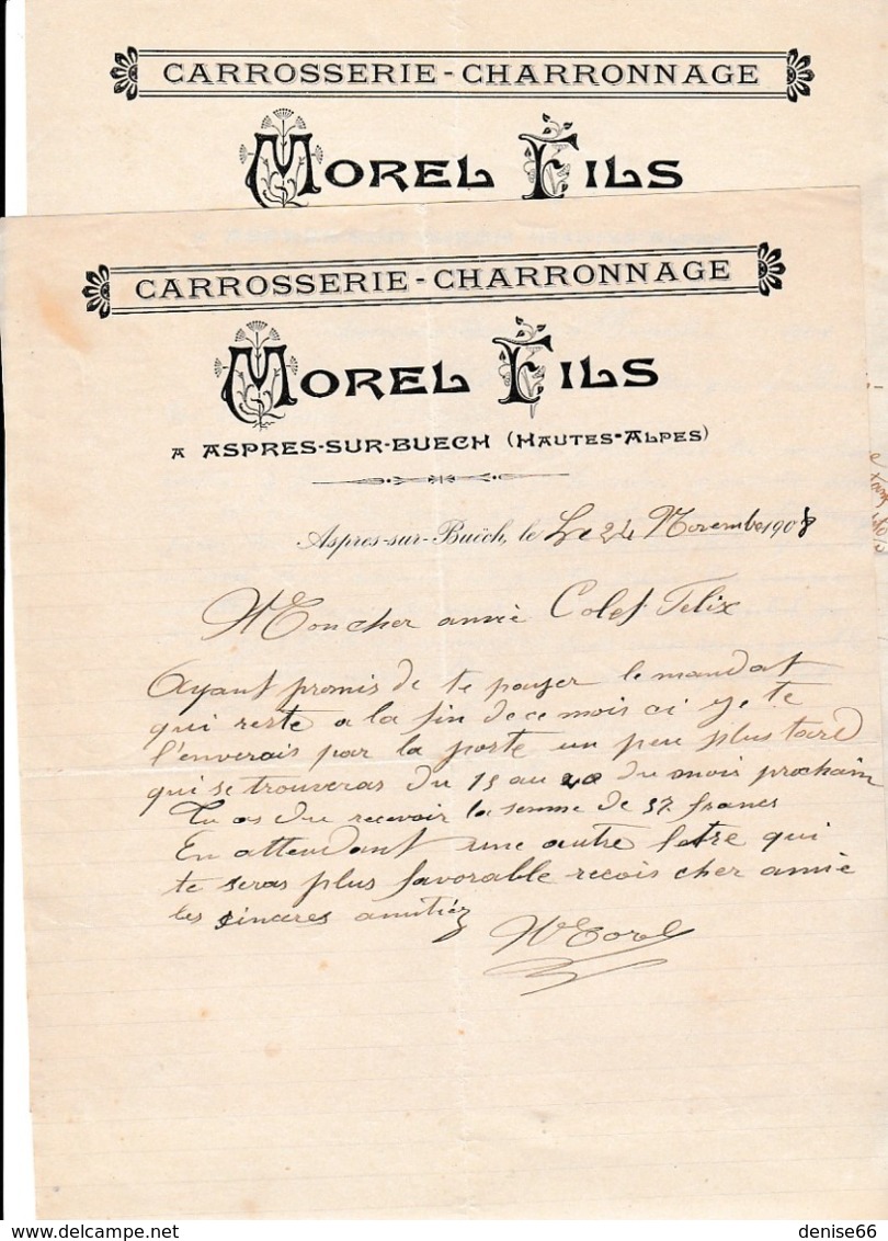 1908/09 - ASPRES-sur-BUECH (05) - CARROSSERIE-CHARRRONNAGE - MOREL Fils - Documents Historiques