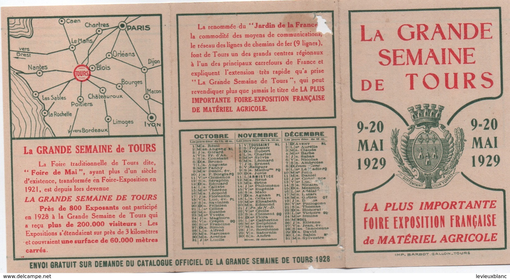 Calendrier Poche/La Grande Semaine De TOURS/ Foire Exposition Française  De Matériel Agricole/1929                CAL462 - Altri & Non Classificati