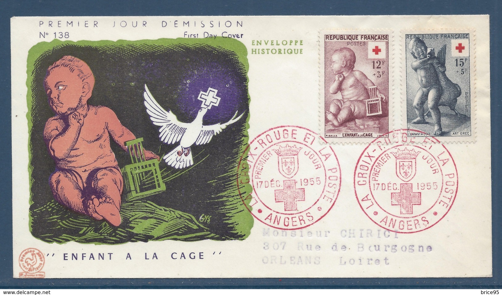 France - FDC - Premier Jour - Croix Rouge - Enfant à La Cage - Angers - 1955 - 1950-1959