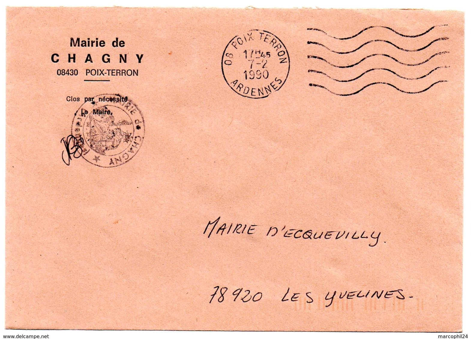 ARDENNES - Dépt N° 08 = POIX TERRON 1990 =  FLAMME SECAP Muette '5 Lignes Ondulées' FRANCHISE MAIRIE CHAGNY - Mechanical Postmarks (Advertisement)