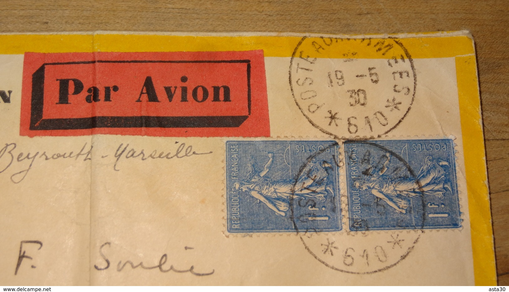 Enveloppe Par Hydravion AULO LIBAN : Beyrouth Marseille, Par Avion, 1930, Poste Aux Armées 610 ........ NU-Classeur T - Covers & Documents