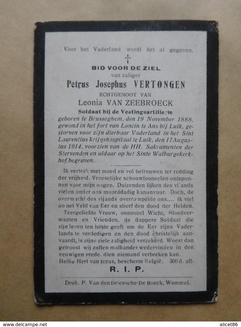 Petrus Vertongen Brusseghem 1888 Fort Van Loncin 1914 WW1 Soldaat Bij De Vestingartillerie - Todesanzeige