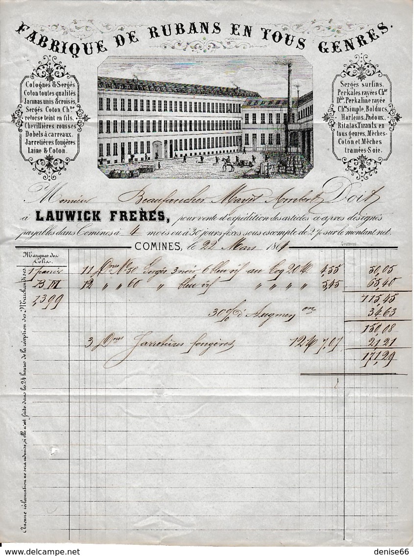 1864 - COMINES - Fabrique De RUBANS En Tous Genres - LAUWICK Frères - Documents Historiques