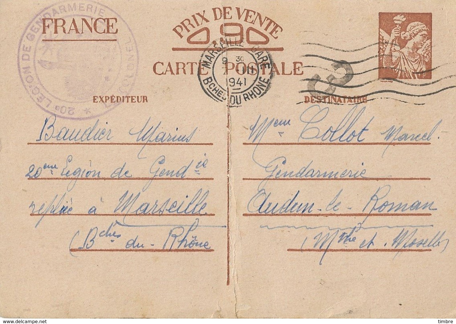 Entier Postal 90c Iris Avec Tampon 20eme Légion De Gendarmerie, Marseille - WW II