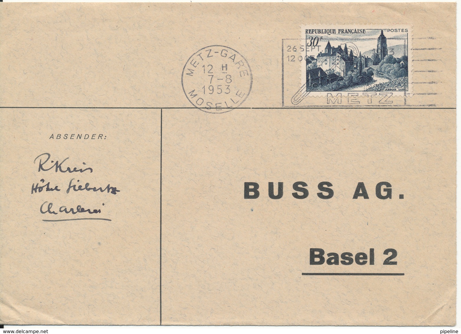 France Cover Sent To Switzerland Metz Gare 7-8-1953 Single Franked - Covers & Documents